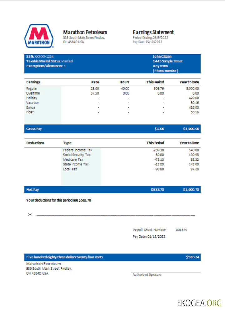 Fiche de paie de la société américaine Marathon Petroleum